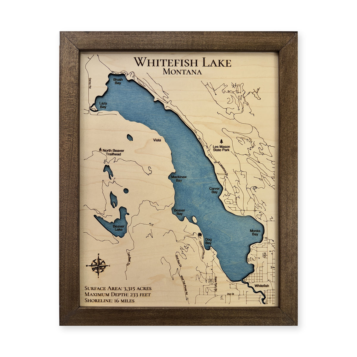 Whitefish Lake wood map — single layer with engraved contours, white background