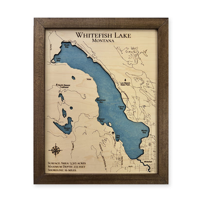 Whitefish Lake wood map — single layer with engraved contours, white background