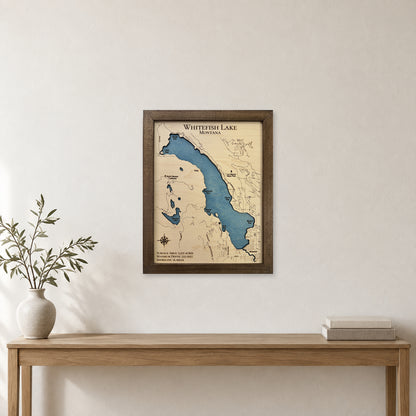 Whitefish Lake wood map — single layer with engraved contours, staged room mockup