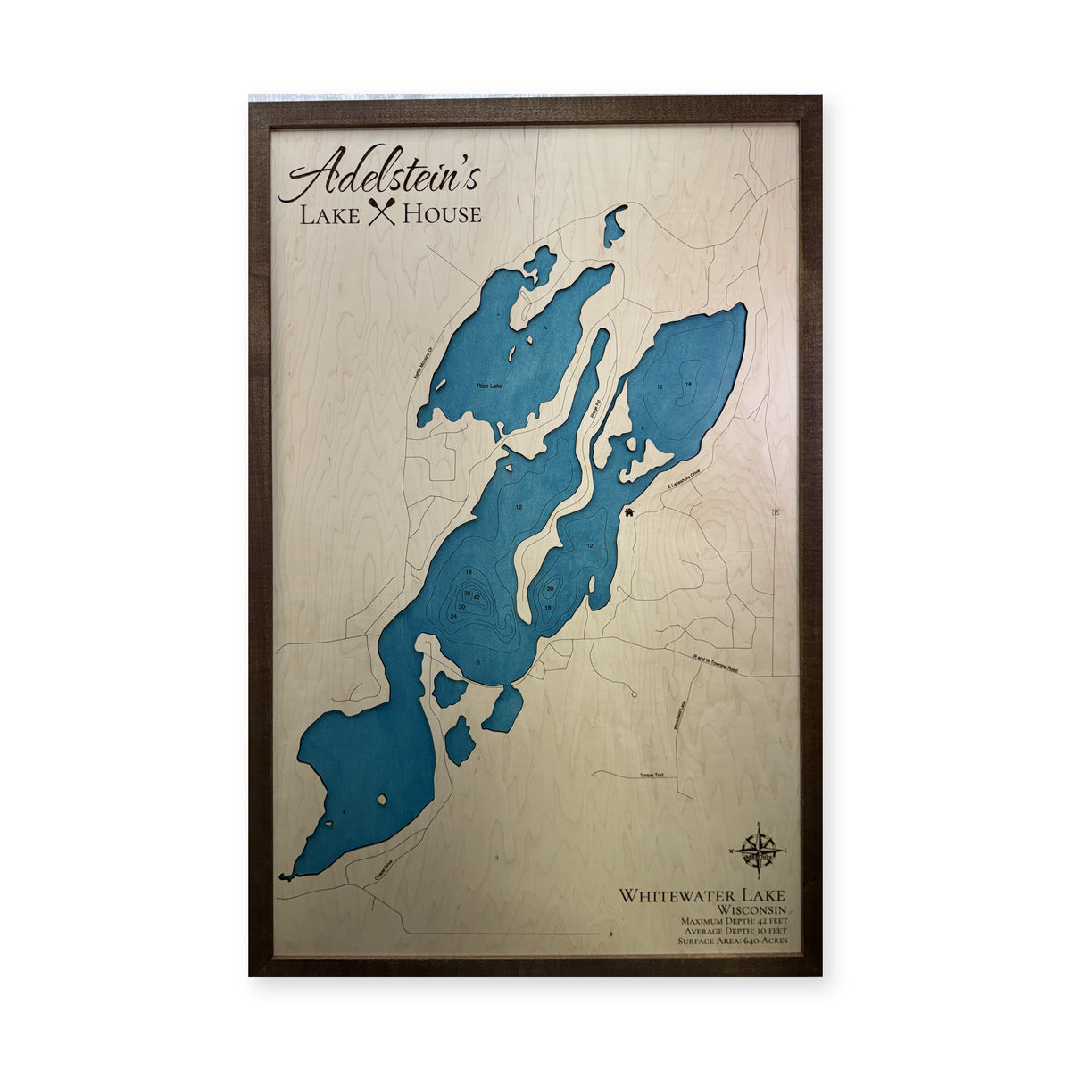 Whitewater Adelstein wood map — single layer with engraved contours, white background