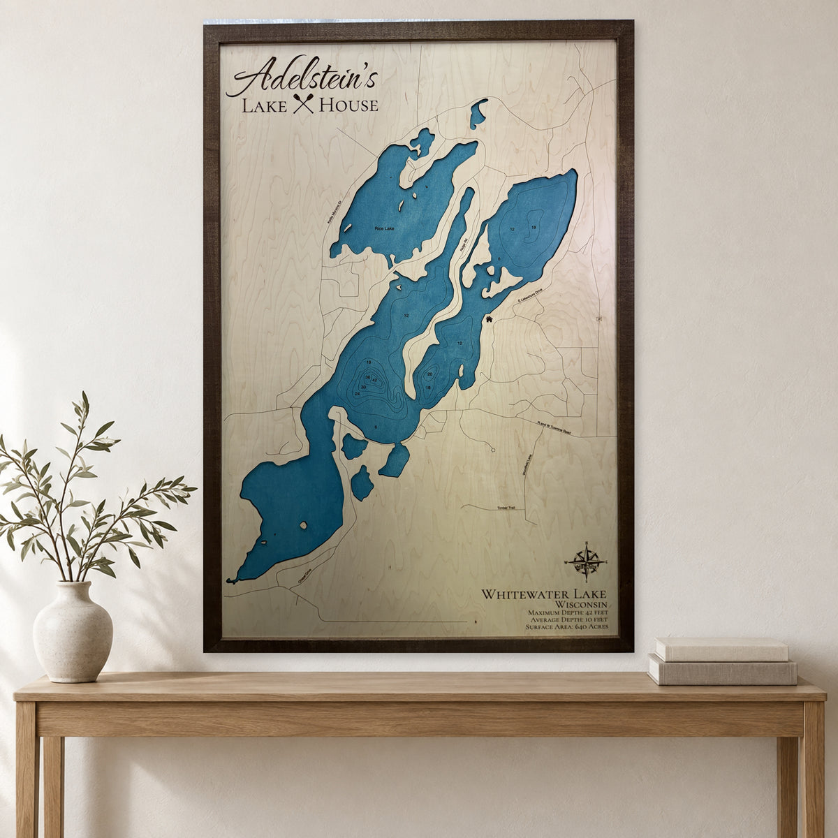 Whitewater Adelstein wood map — single layer with engraved contours, staged room mockup