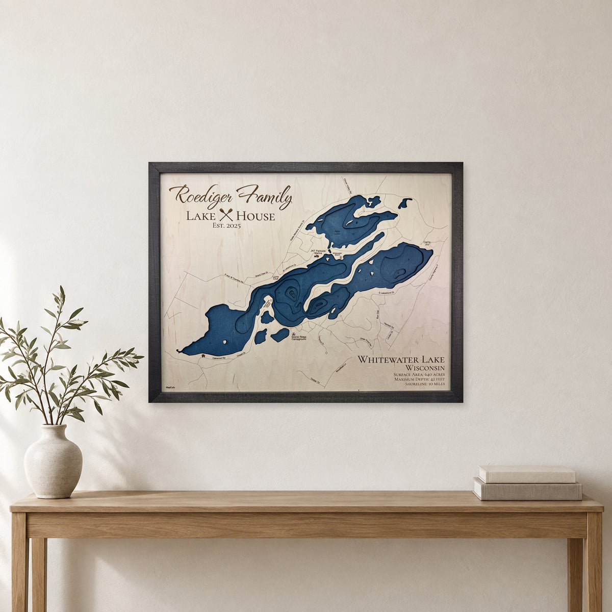 Whitewater Roediger wood map — multilayer, staged room mockup