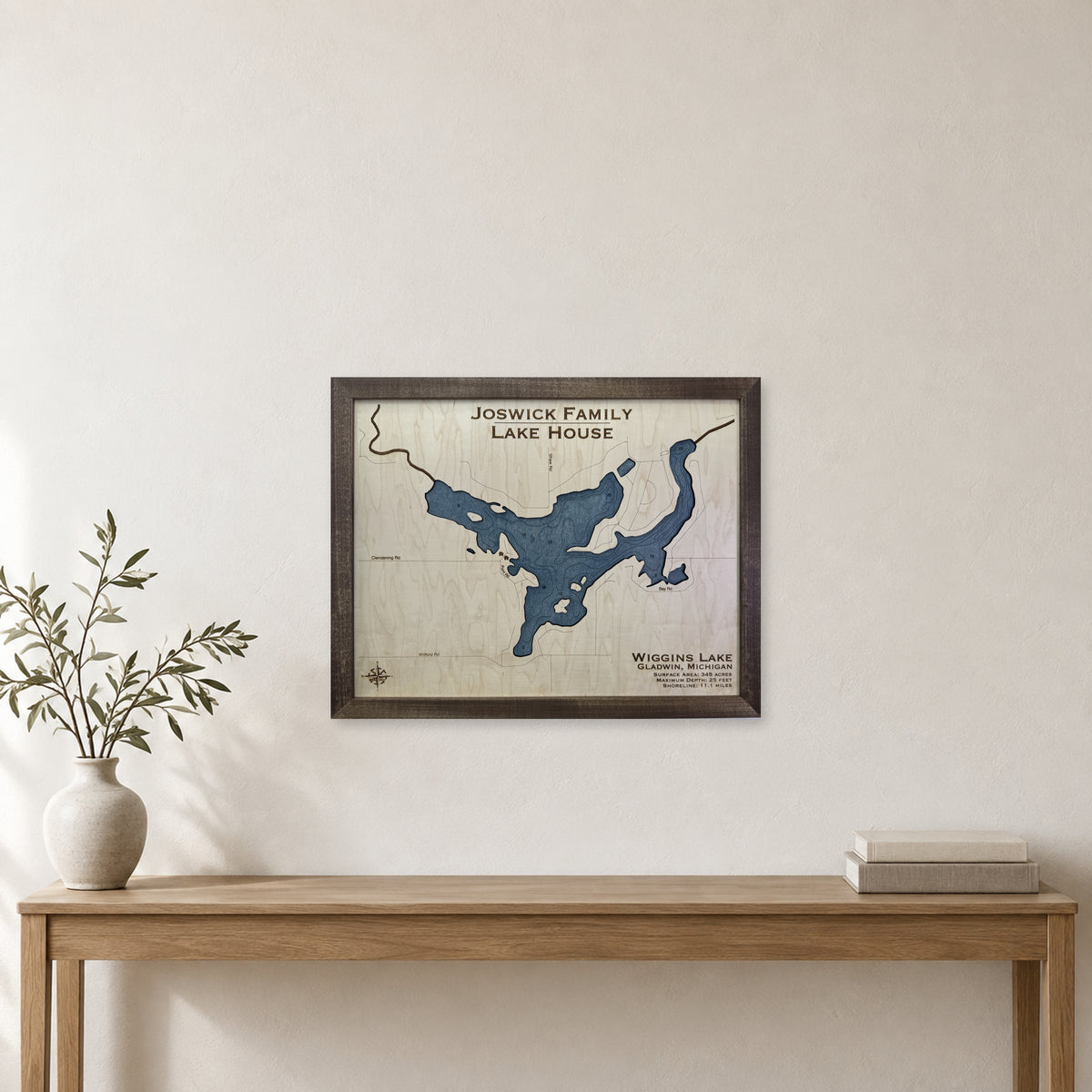 Wiggins Joswick wood map — single layer with engraved contours, staged room mockup