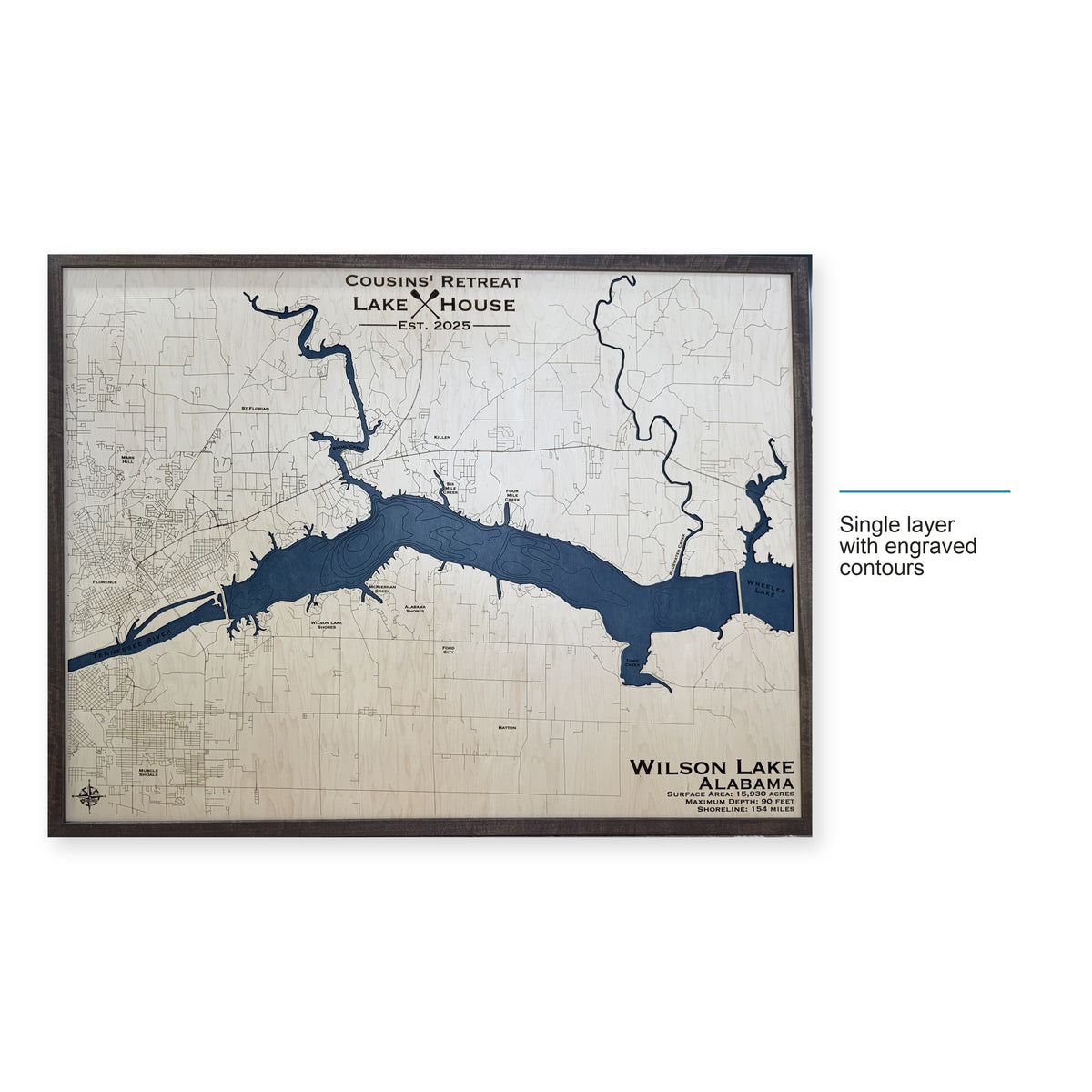 Wilson Cousins Retreat wood map — single layer with engraved contours, layer option shown