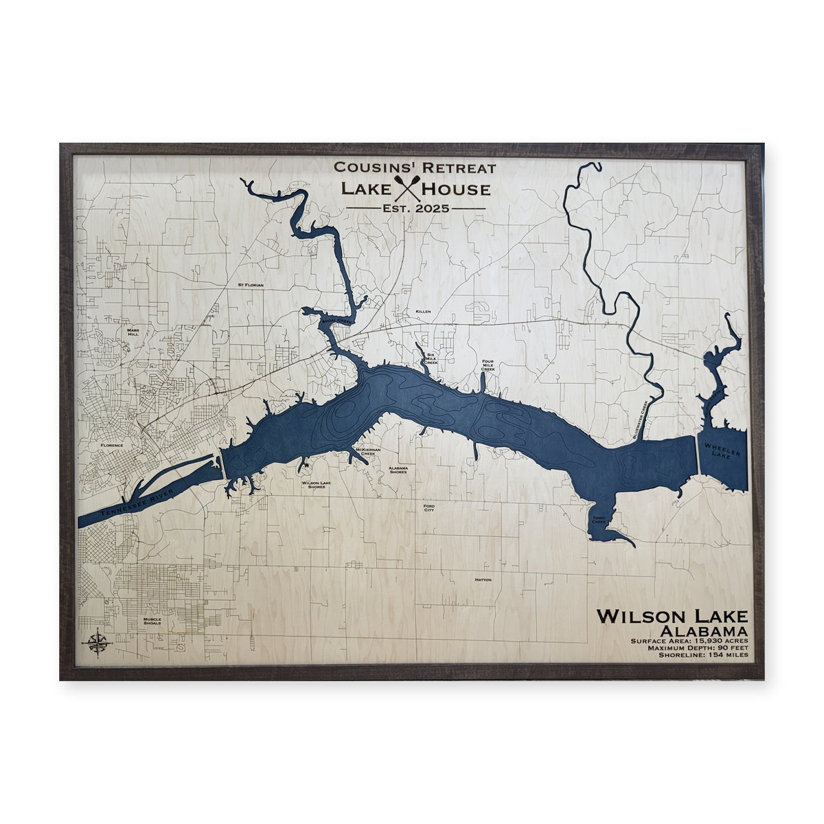 Wilson Cousins Retreat wood map — single layer with engraved contours, white background