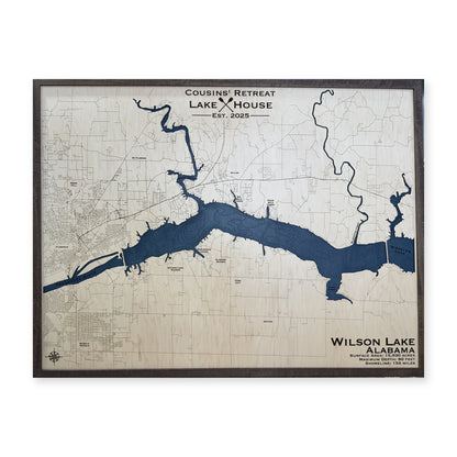 Wilson Cousins Retreat wood map — single layer with engraved contours, white background