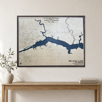 Wilson Cousins Retreat wood map — single layer with engraved contours, staged room mockup