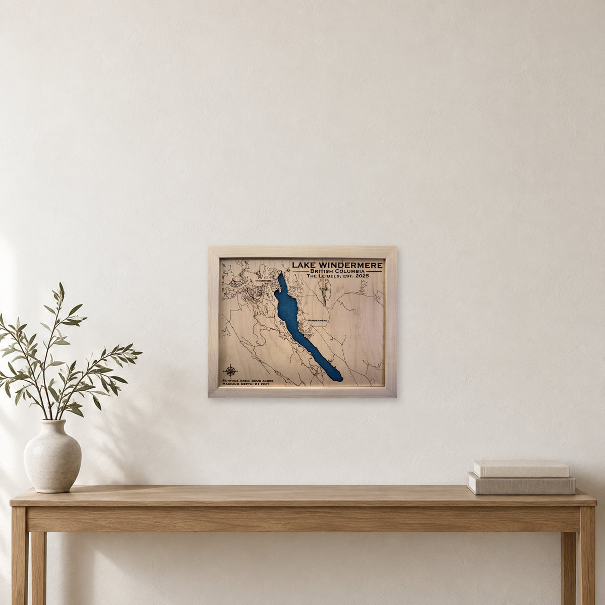 Windermere Leibel wood map — single layer, staged room mockup