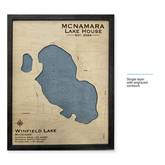 Winfield Mcnamara wood map — single layer with engraved contours, layer option shown