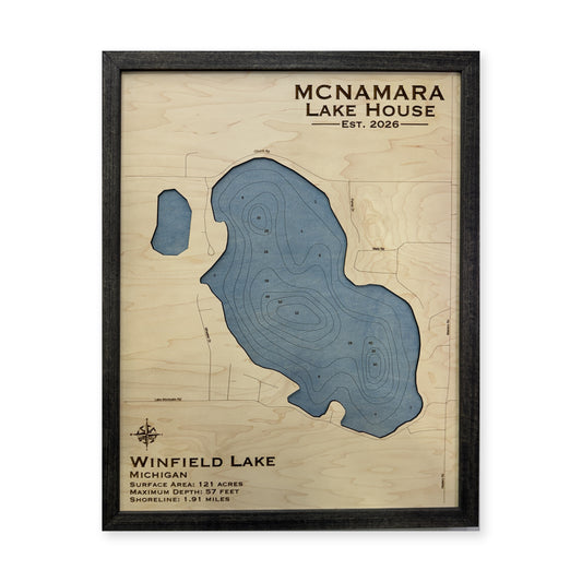 Winfield Mcnamara wood map — single layer with engraved contours, white background