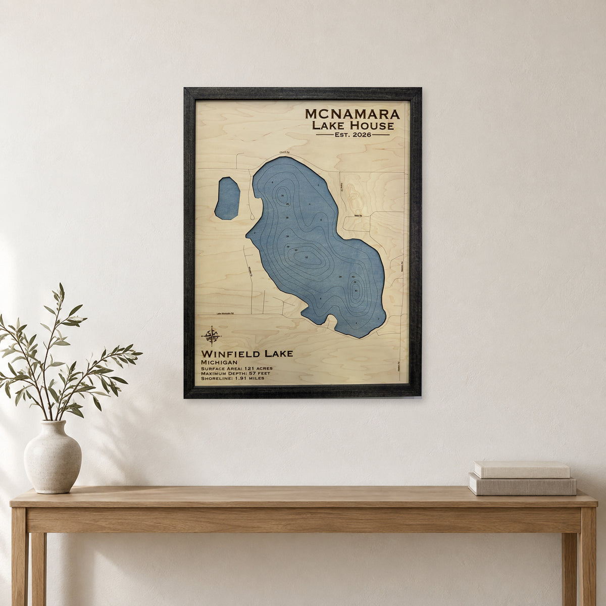 Winfield Mcnamara wood map — single layer with engraved contours, staged room mockup
