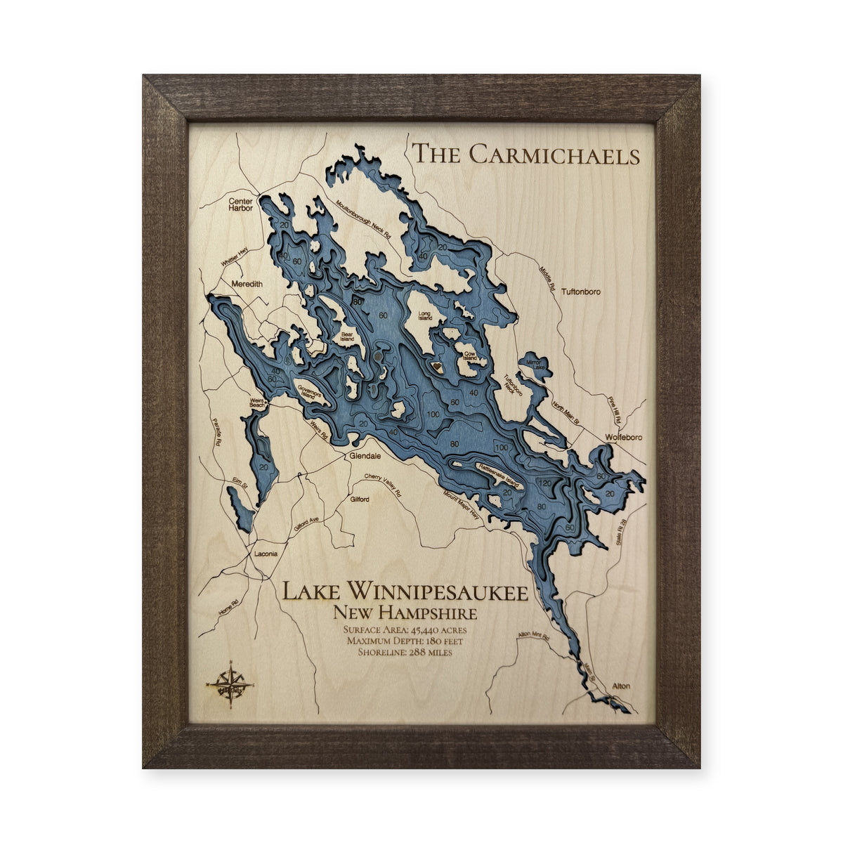 Winnipesaukee Carmichael wood map — multilayer, white background