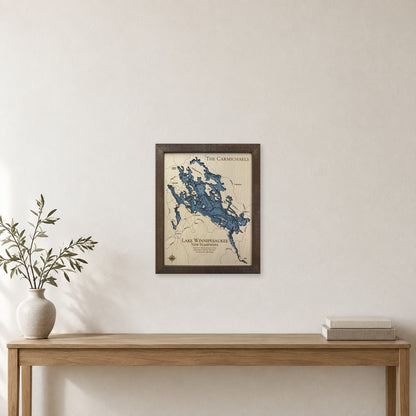 Winnipesaukee Carmichael wood map — multilayer, staged room mockup