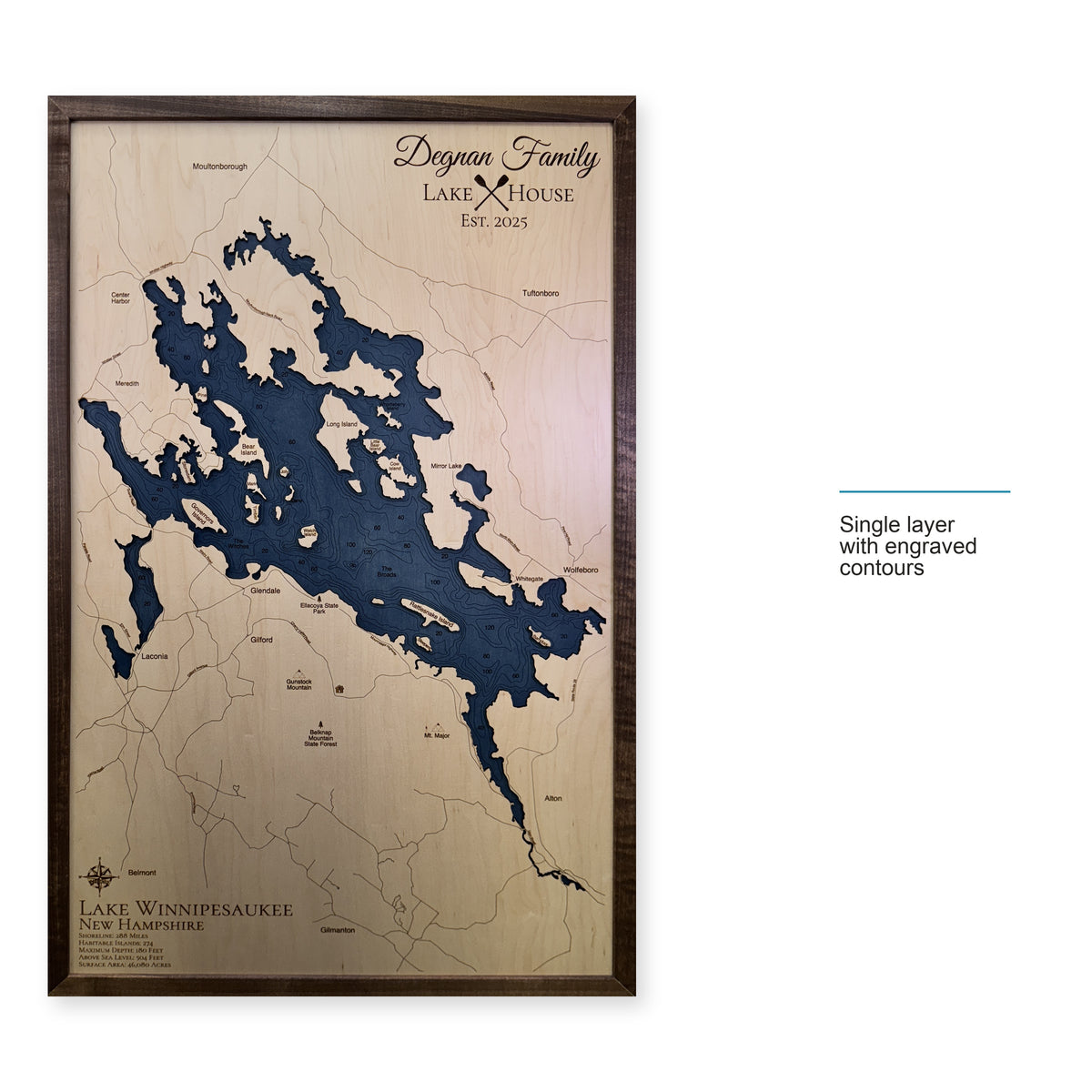 Winnipesaukee Degnan wood map — single layer with engraved contours, layer option shown