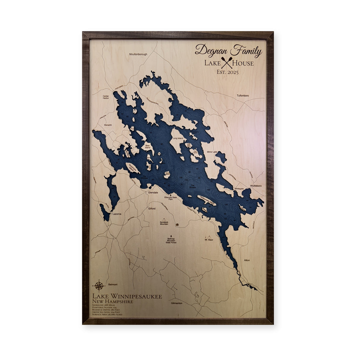 Winnipesaukee Degnan wood map — single layer with engraved contours, white background