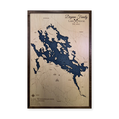 Winnipesaukee Degnan wood map — single layer with engraved contours, white background