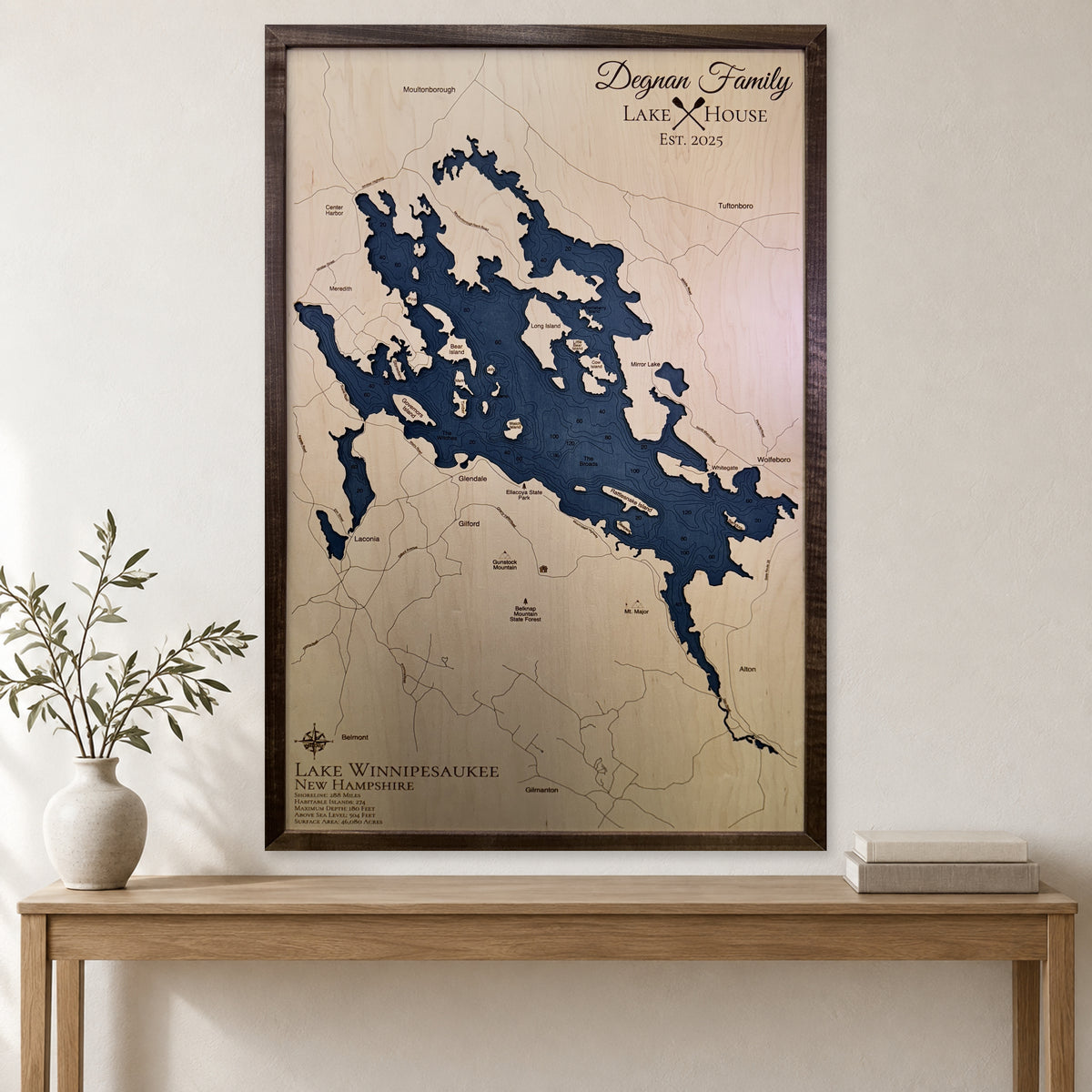 Winnipesaukee Degnan wood map — single layer with engraved contours, staged room mockup