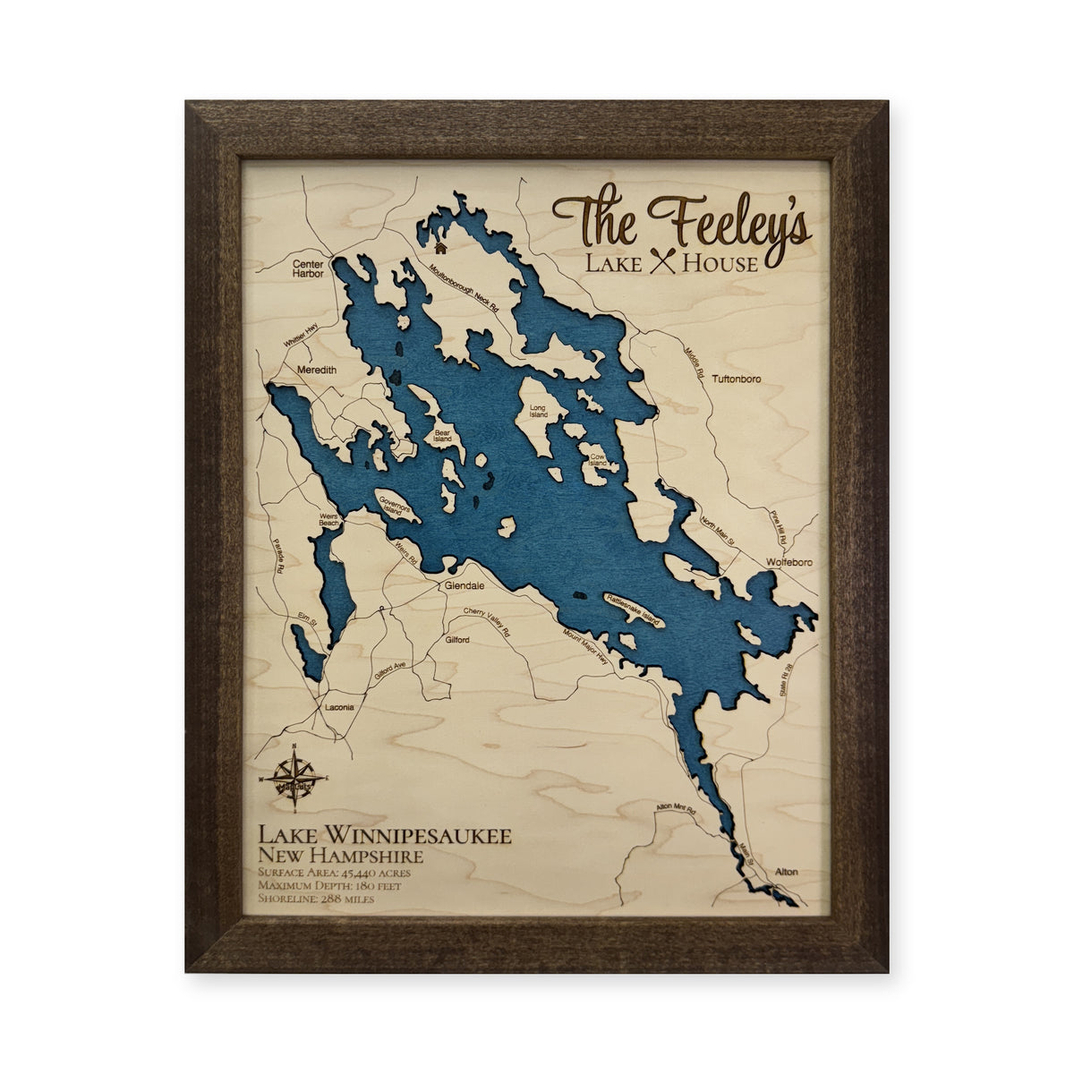 Winnipesaukee Feeley wood map — single layer, white background