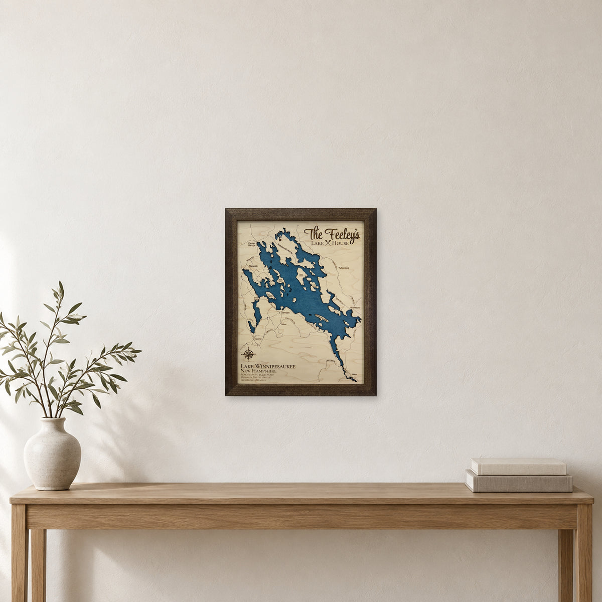 Winnipesaukee Feeley wood map — single layer, staged room mockup