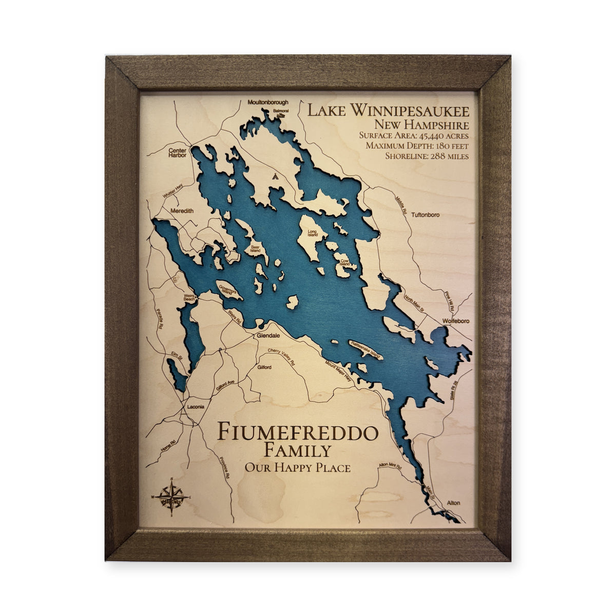 Winnipesaukee Fiumefreddo wood map — single layer, white background