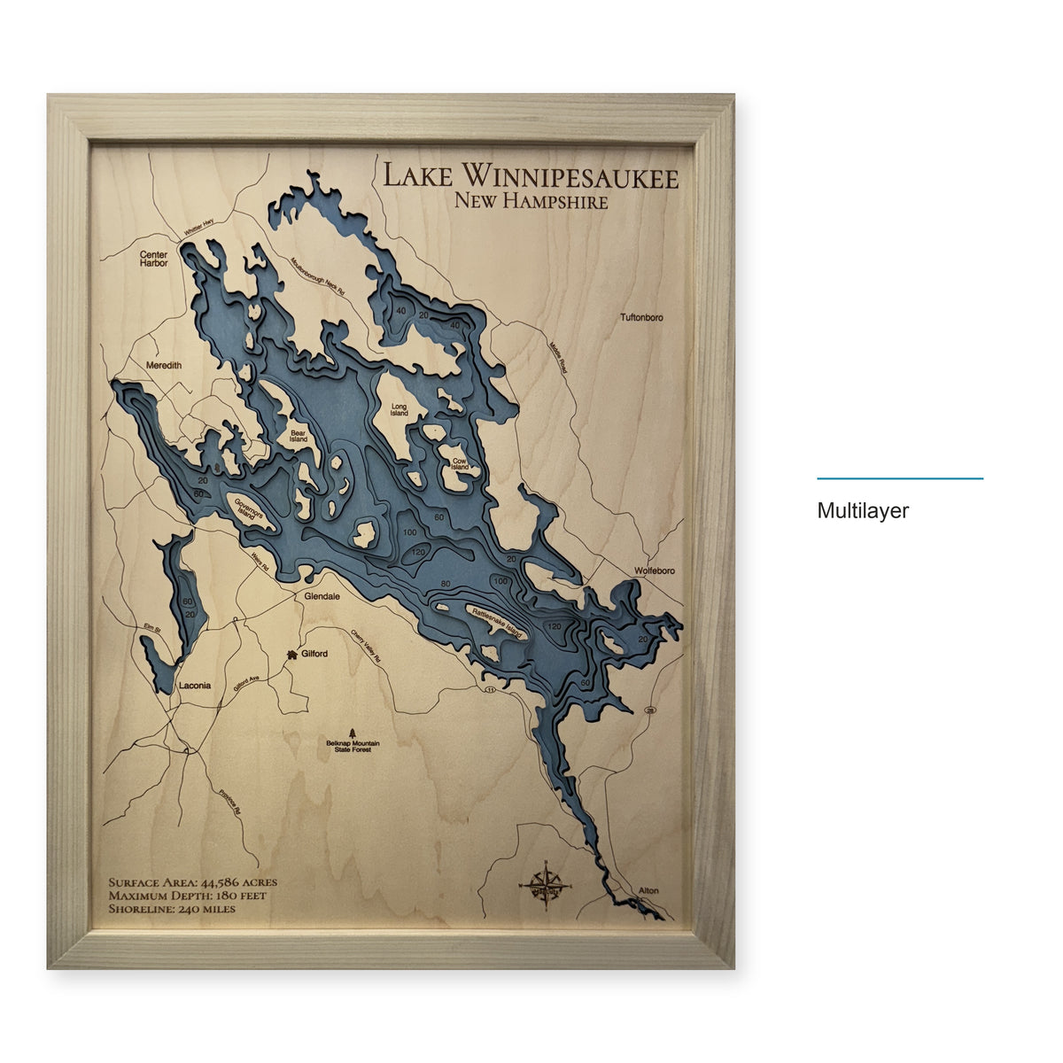 Winnipesaukee Natural wood map — multilayer, layer option shown