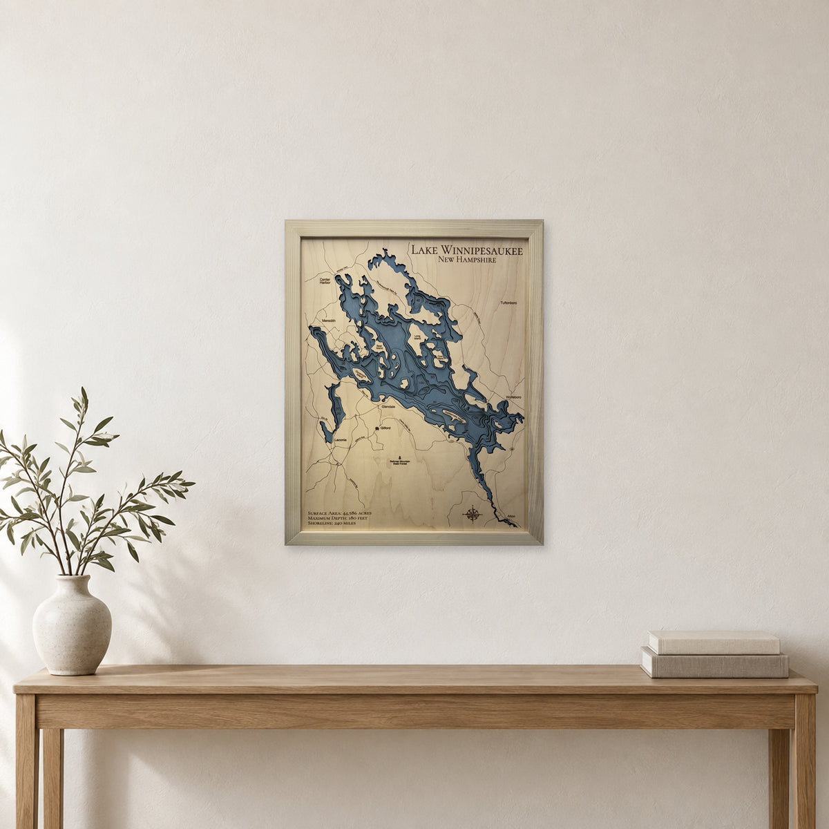 Winnipesaukee Natural wood map — multilayer, staged room mockup