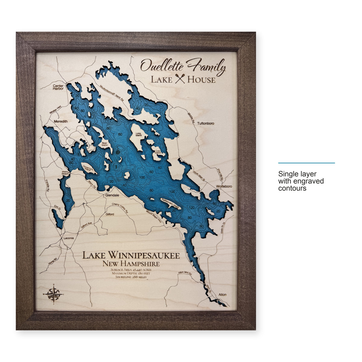Winnipesaukee Ouellette wood map — single layer with engraved contours, layer option shown