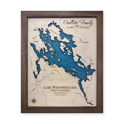 Winnipesaukee Ouellette wood map — single layer with engraved contours, white background