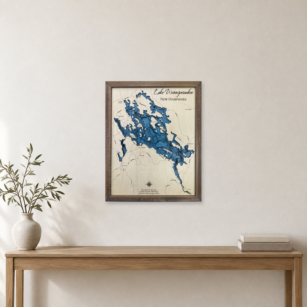 Winnipesaukee Strauch wood map — multilayer, staged room mockup