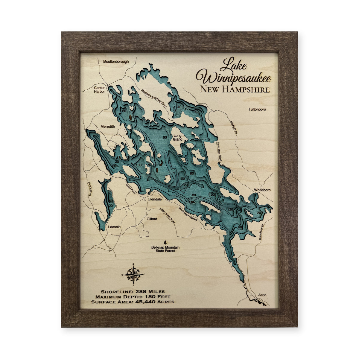 Winnipesaukee Walnut Multi wood map — multilayer, white background