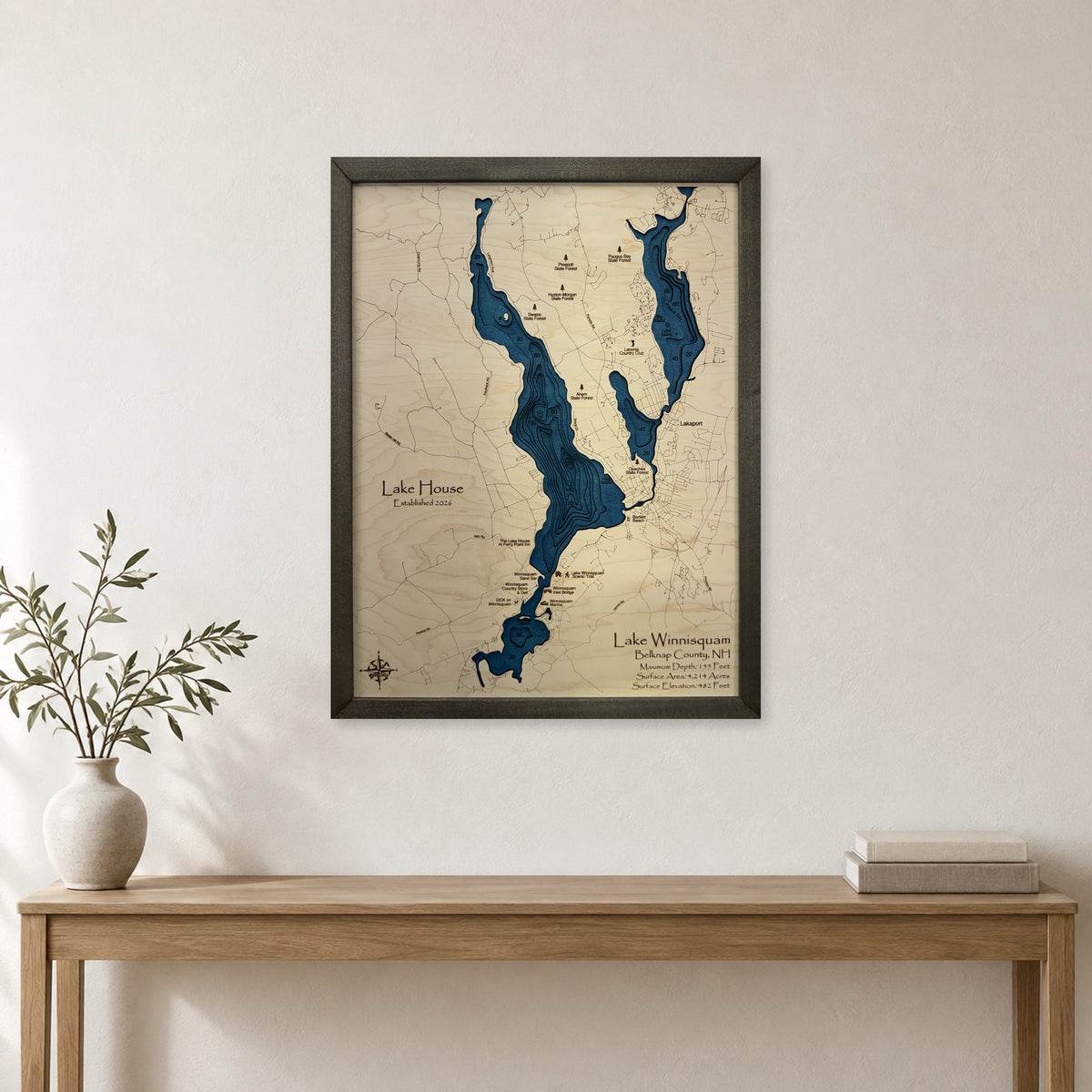 Winnisquam Cronin wood map — multilayer, staged room mockup