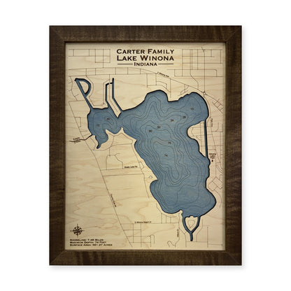 Winona Carter wood map — single layer with engraved contours, white background
