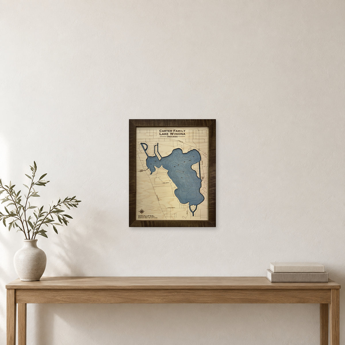 Winona Carter wood map — single layer with engraved contours, staged room mockup