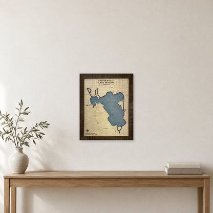 Winona Carter wood map — single layer with engraved contours, staged room mockup