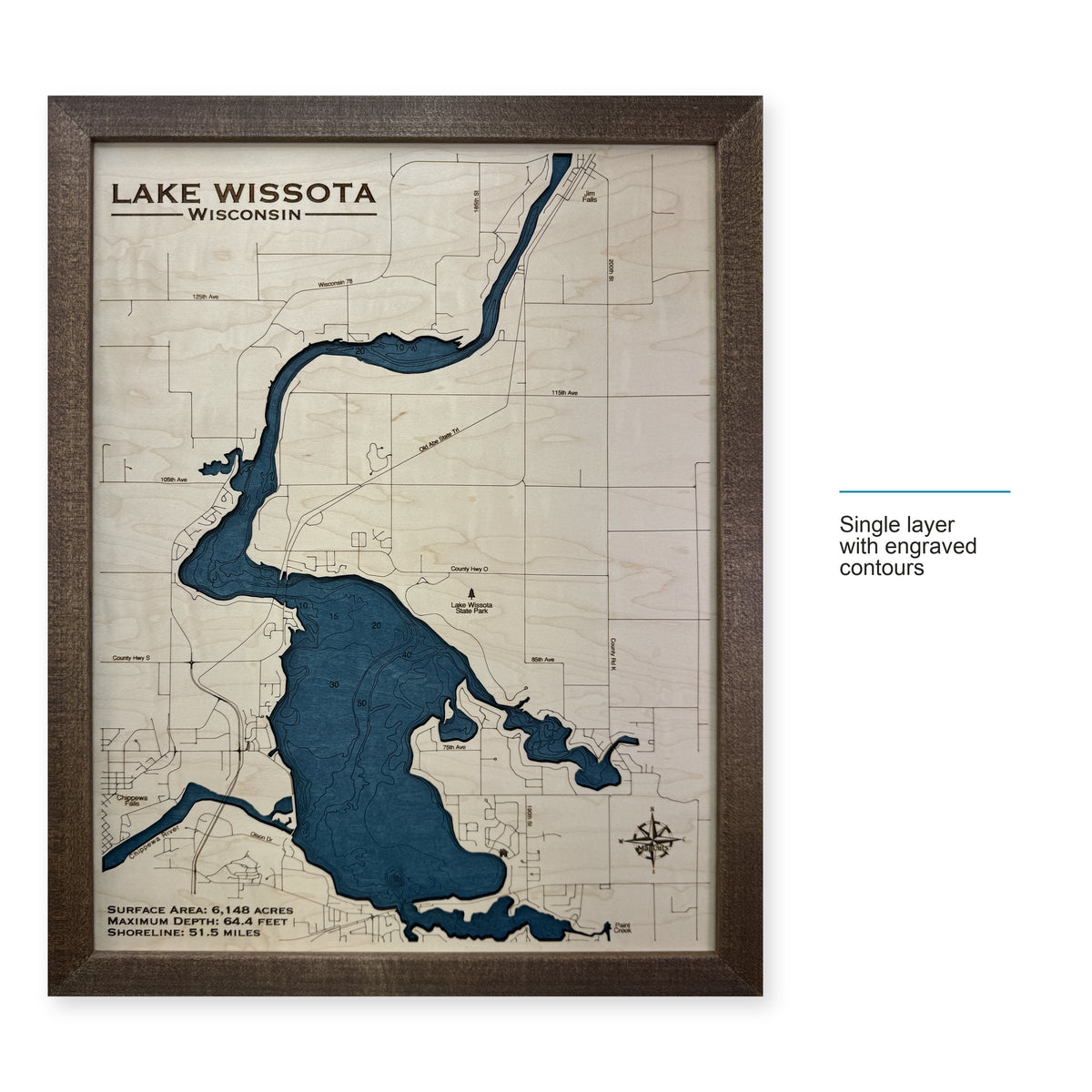 Wissota Engraved wood map — single layer with engraved contours, layer option shown
