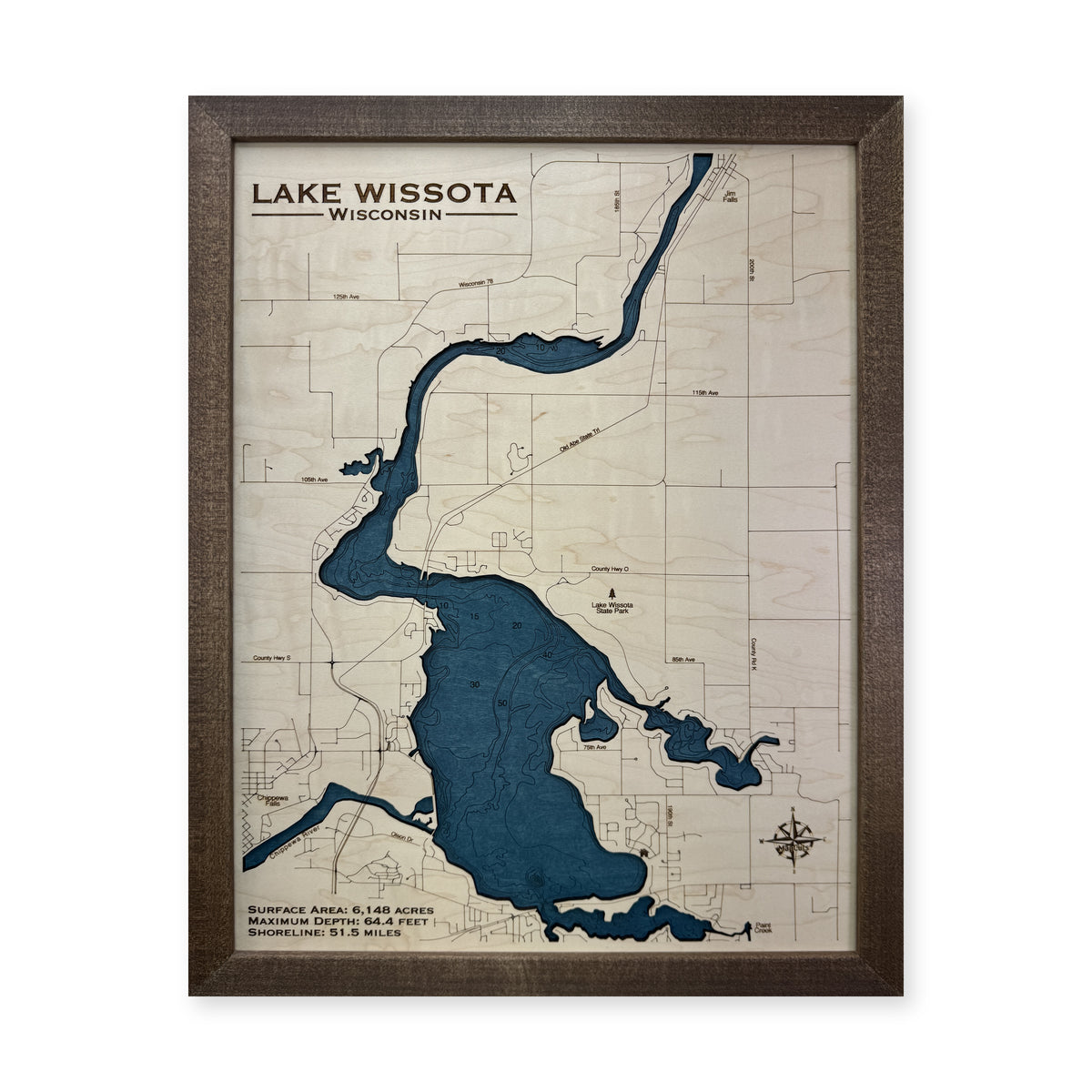 Wissota Engraved wood map — single layer with engraved contours, white background