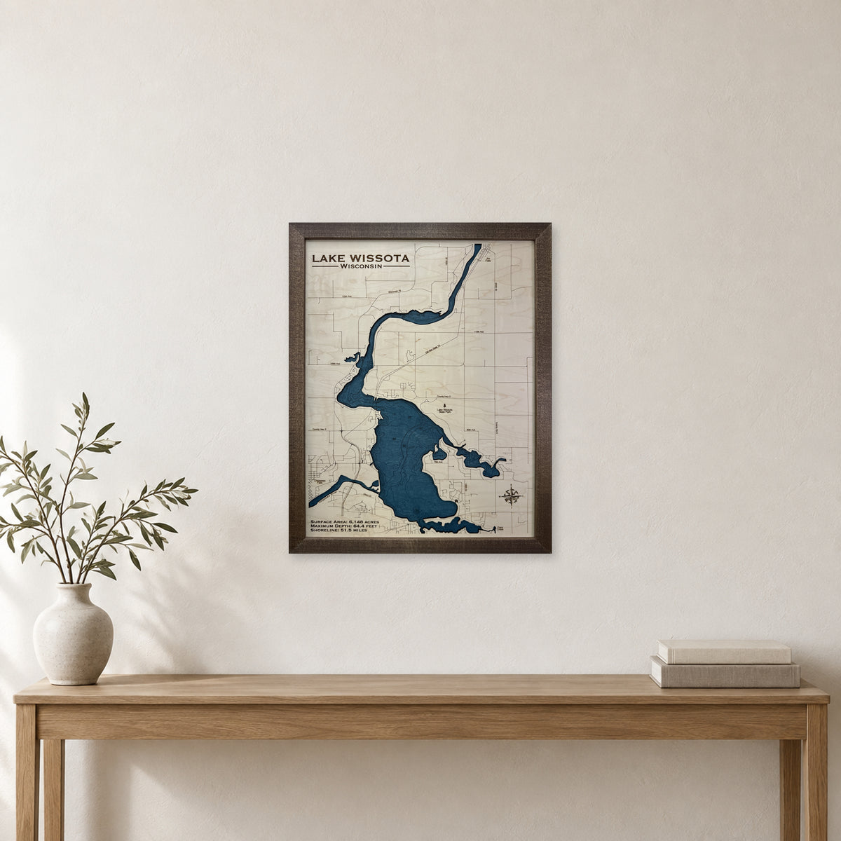 Wissota Engraved wood map — single layer with engraved contours, staged room mockup