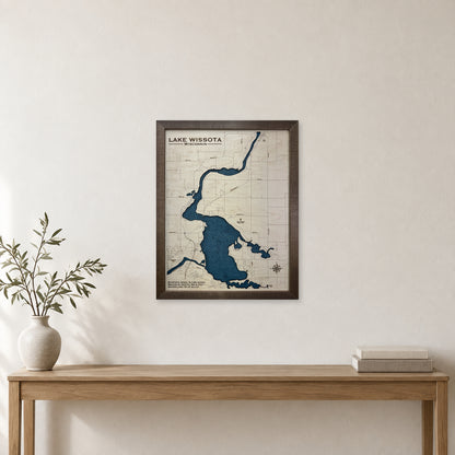 Wissota Engraved wood map — single layer with engraved contours, staged room mockup
