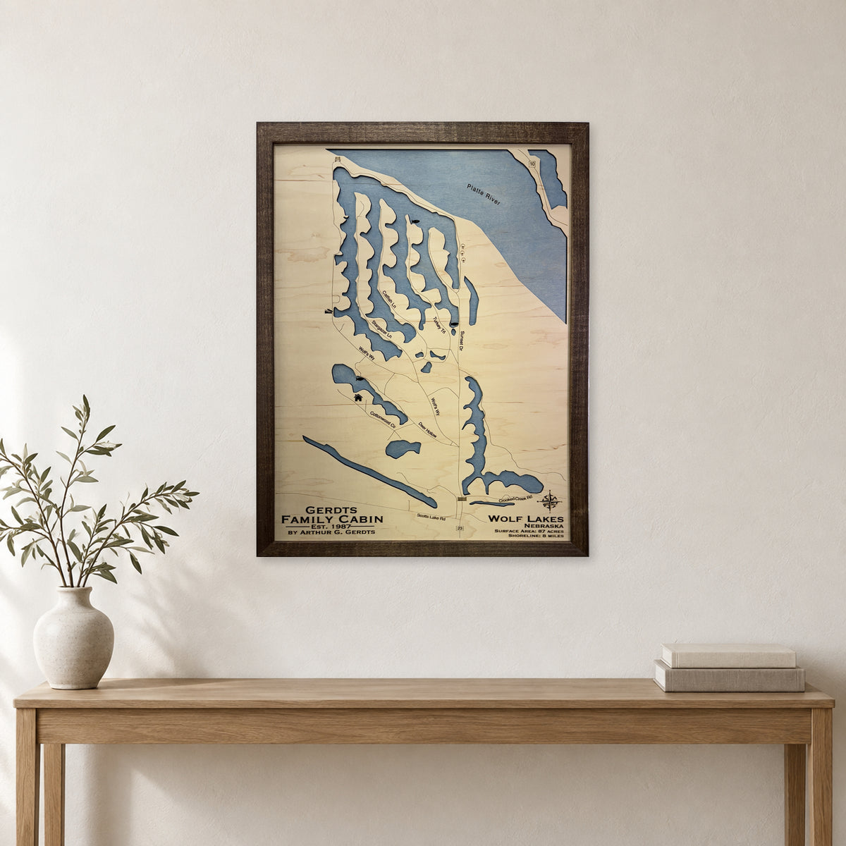 Wolf Lakes Gerdts wood map — single layer, staged room mockup