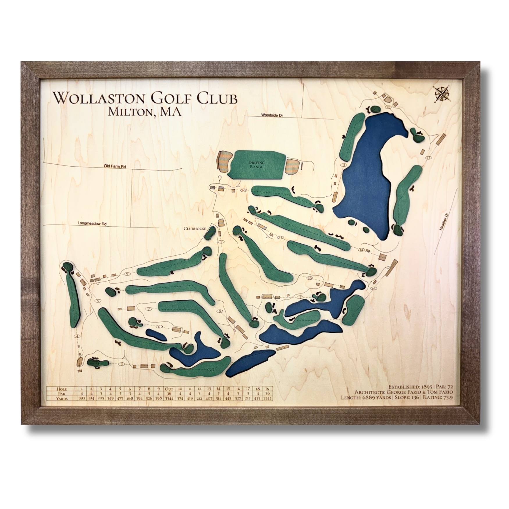 Framed wooden map of Wollaston Golf Club in Milton, MA with a walnut brown frame.