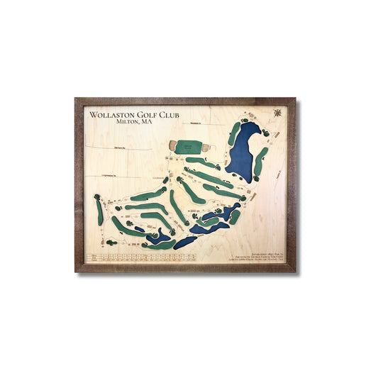 Framed wooden golf map of Wollaston Golf Club on a white background.