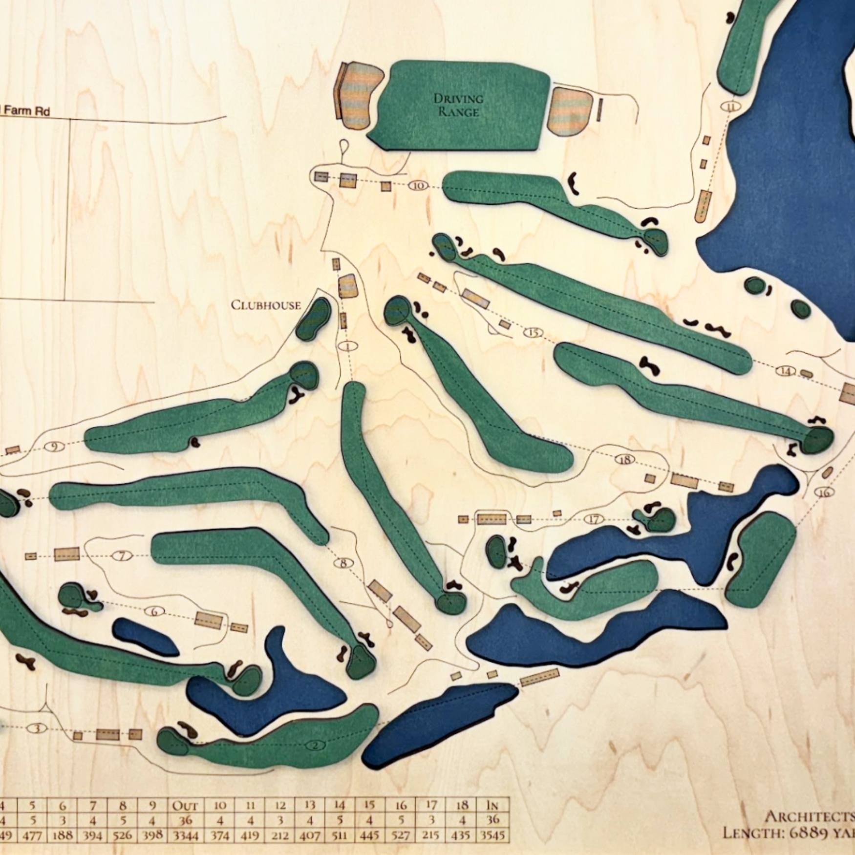 Close up of wooden golf course map with green fairways, blue water hazards, and engraved text. 