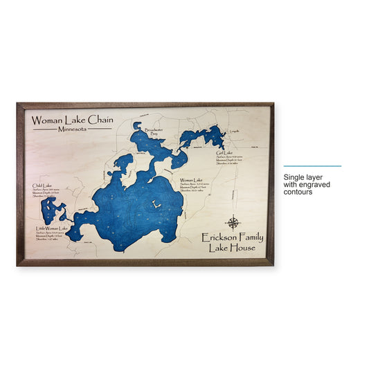Woman Lake Erickson wood map — single layer with engraved contours, layer option shown