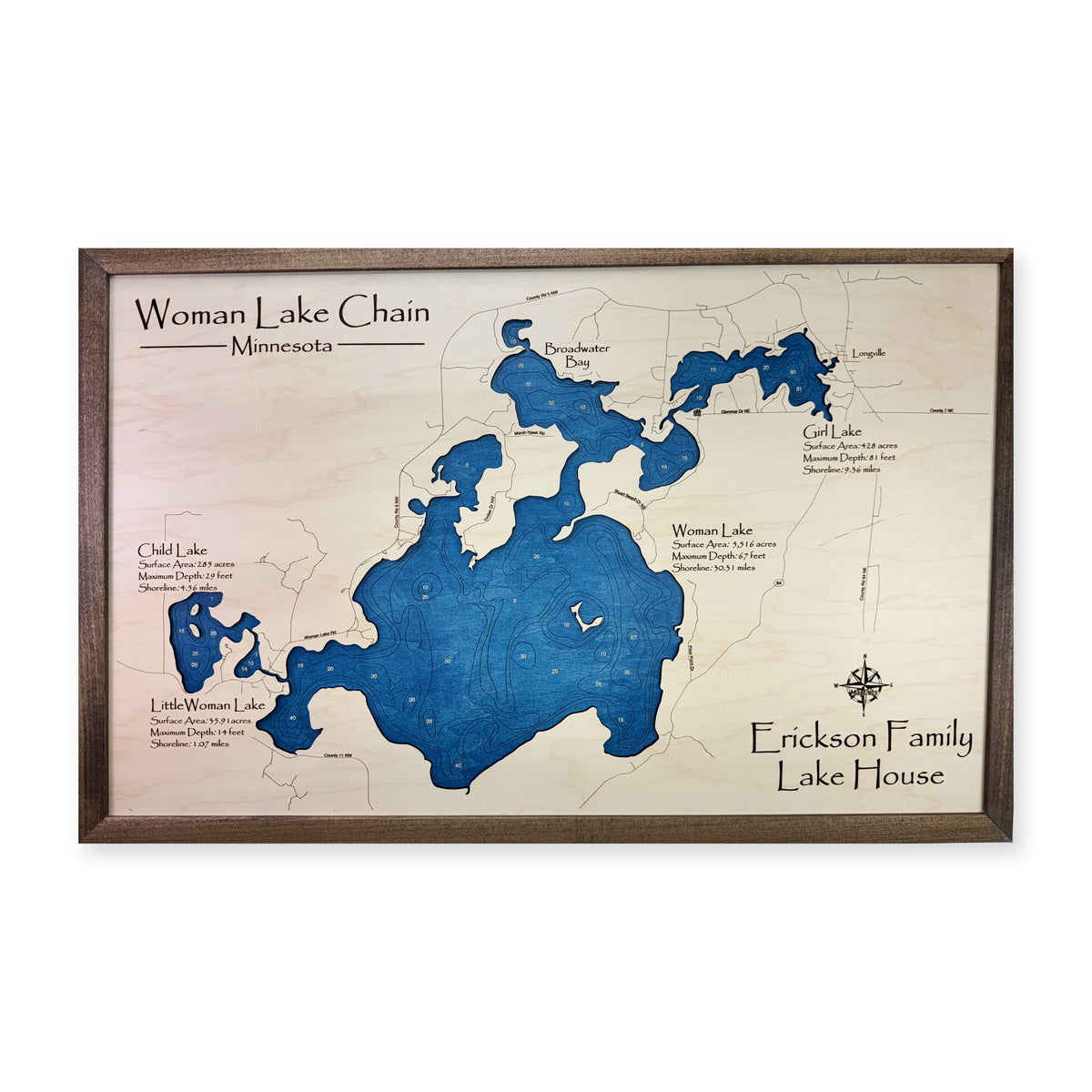 Woman Lake Erickson wood map — single layer with engraved contours, white background