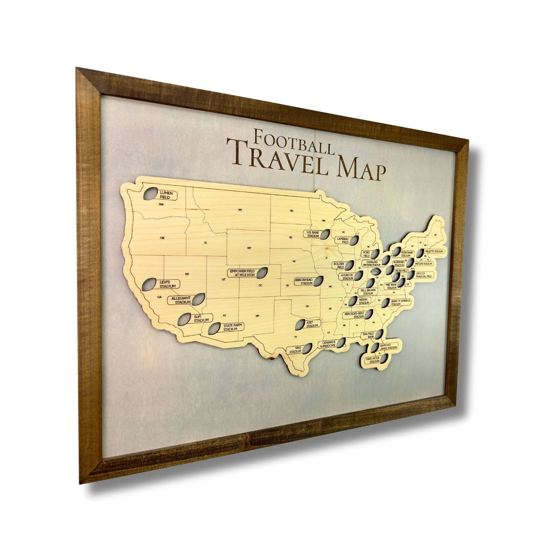 Sideview of a 3D wooden Football Stadium Travel Map. 