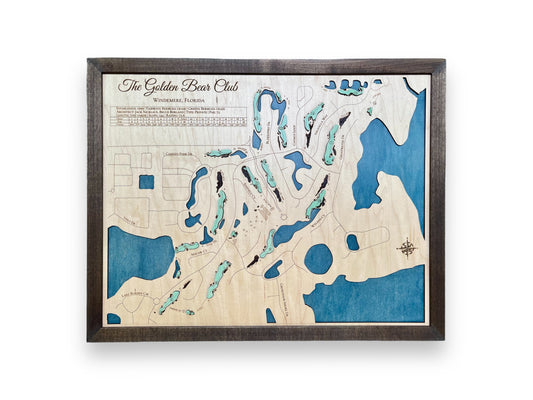 Wooden golf course map with green and blue stain. 