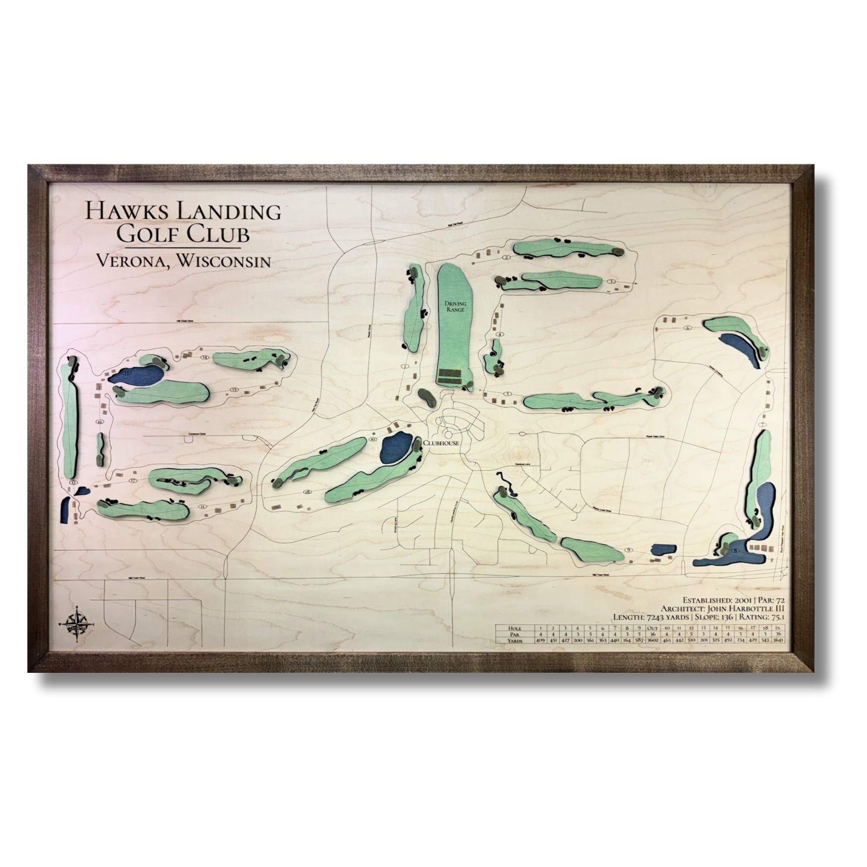 Wooden golf course map of Hawks Landing Golf Club in Verona, Wisconsin, framed on a white background.