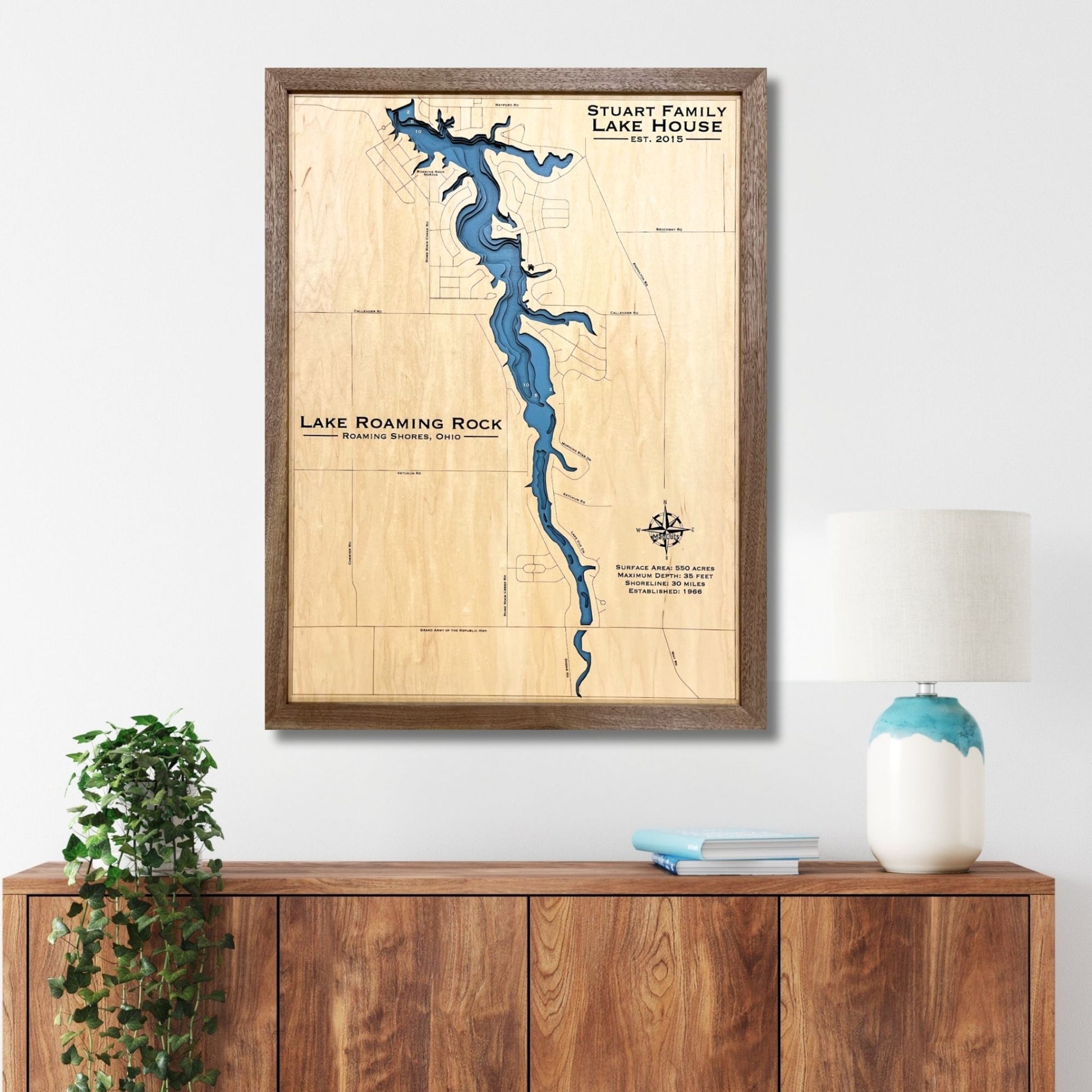 Custom wooden map of Lake Roaming Rock in Roaming Shores, Ohio. 