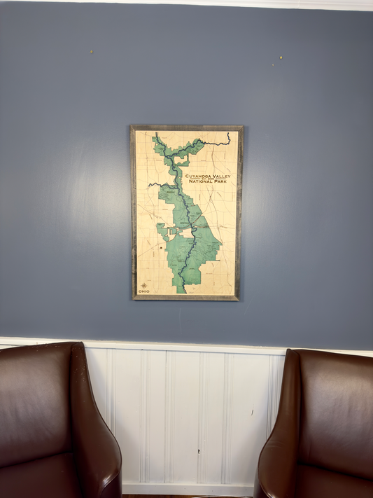 Cuyahoga Valley National Park, Ohio, wooden map hanging on a wall. 