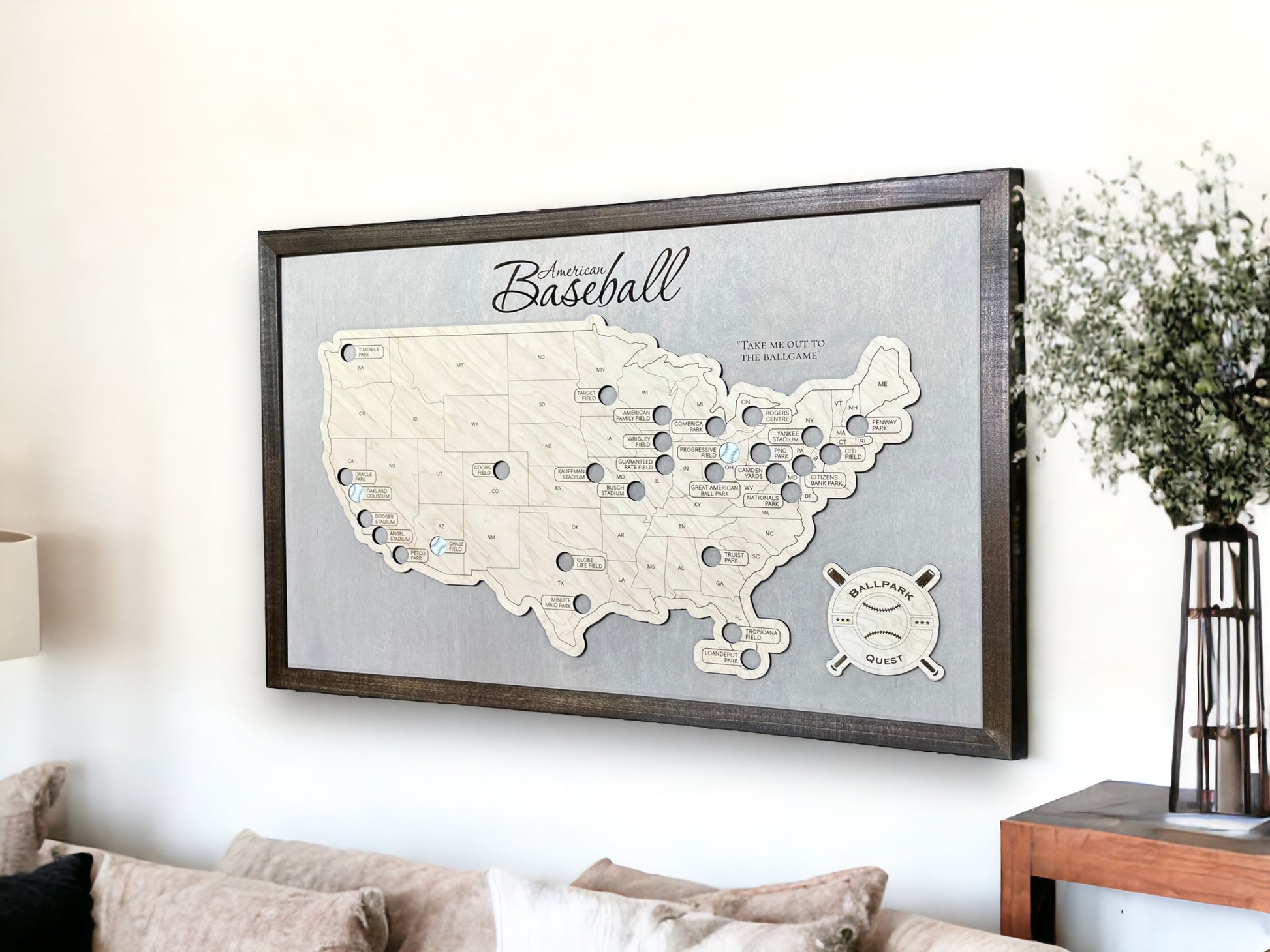 Wood professional baseball stadium travel map hanging on wall. 